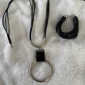 Black & Silver Ring Pendant Necklace with Matching Bracelet